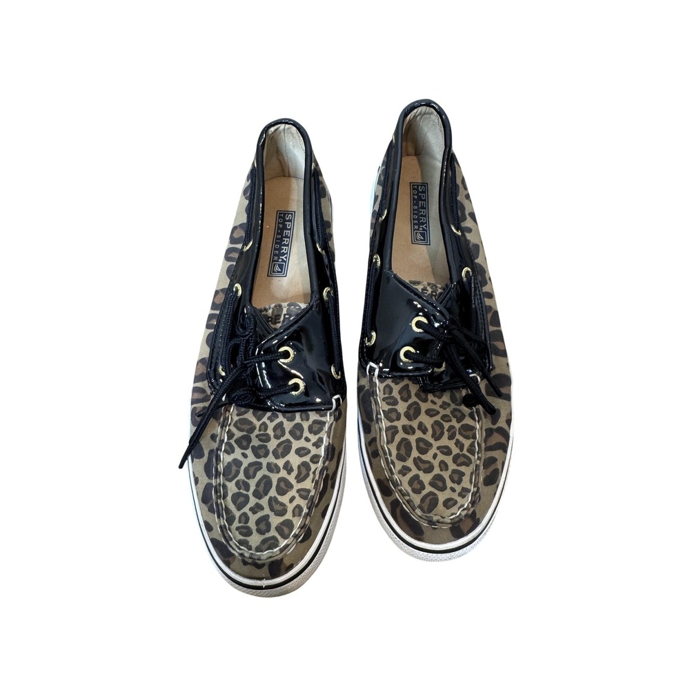 Sperry‎ Top-Sider Boat Shoes Womens Size 8 Black Tan Leopard Print Patent Deck
